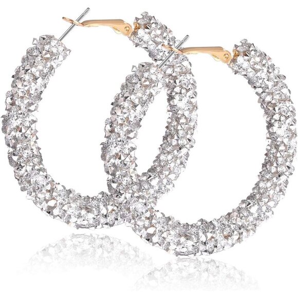 Jewelry - Glitter Hoop Earrings Bohemian Sparkle Resin Rhinestone Wrapped Hoop Dangle Earr